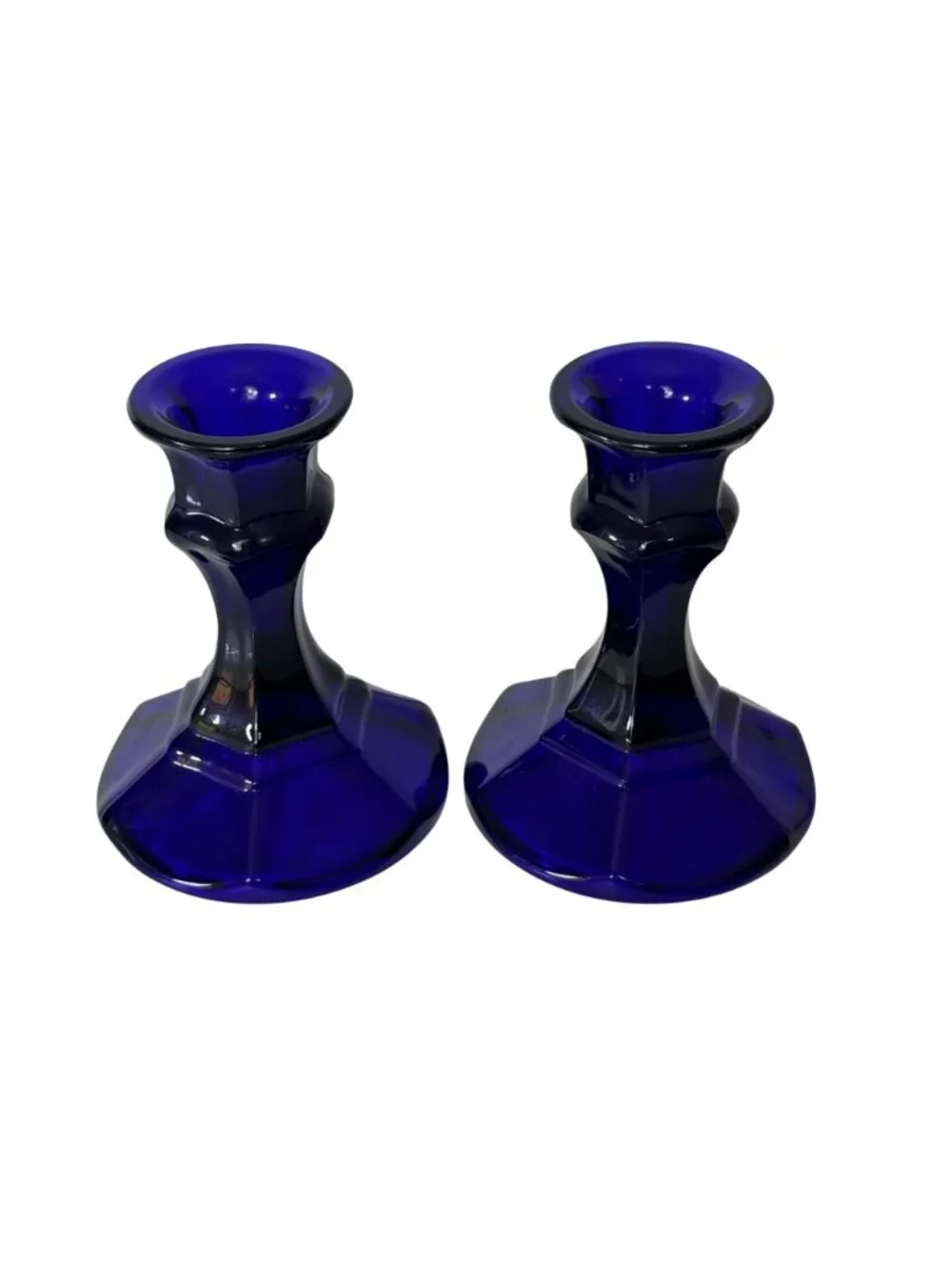 Vintage Blue Glass Candlestick Holders Set of 2 Romantic Cobalt Taper Candle MCM